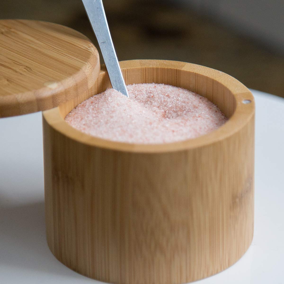 Bamboo Salt Keeper with Himalayan Pink Salt.